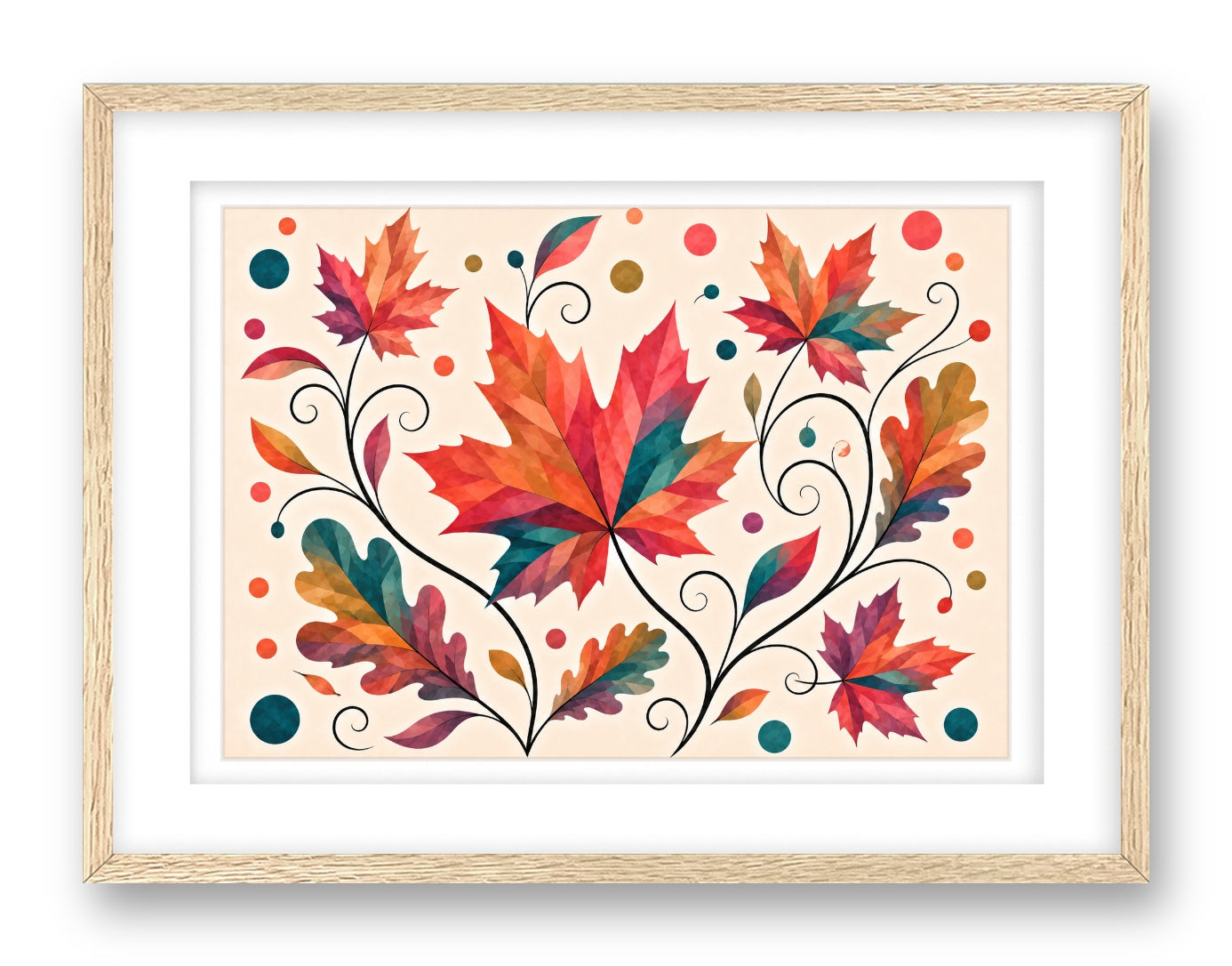 Autumn Leaves - Geometric Painting printed on fine art paper, framed on a oak frame and matted.