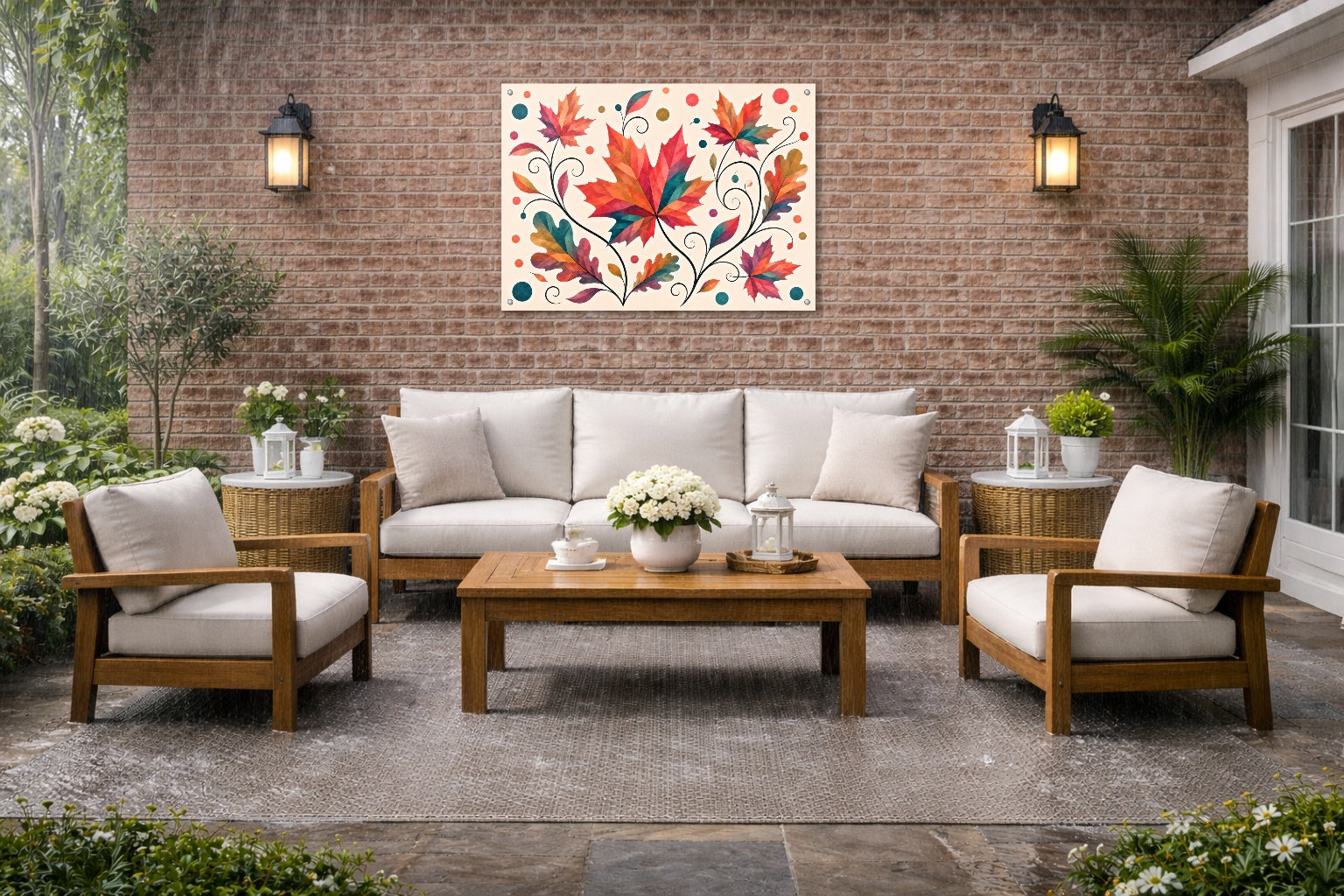 Autumn Leaves - Geometric Painting printed on water resistant canvas and mounted on a waterproof frame. Hung on a patio wall.