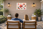 Autumn Leaves - Geometric Painting printed on water resistant canvas and mounted on a waterproof frame. Hung on a patio wall with couple.