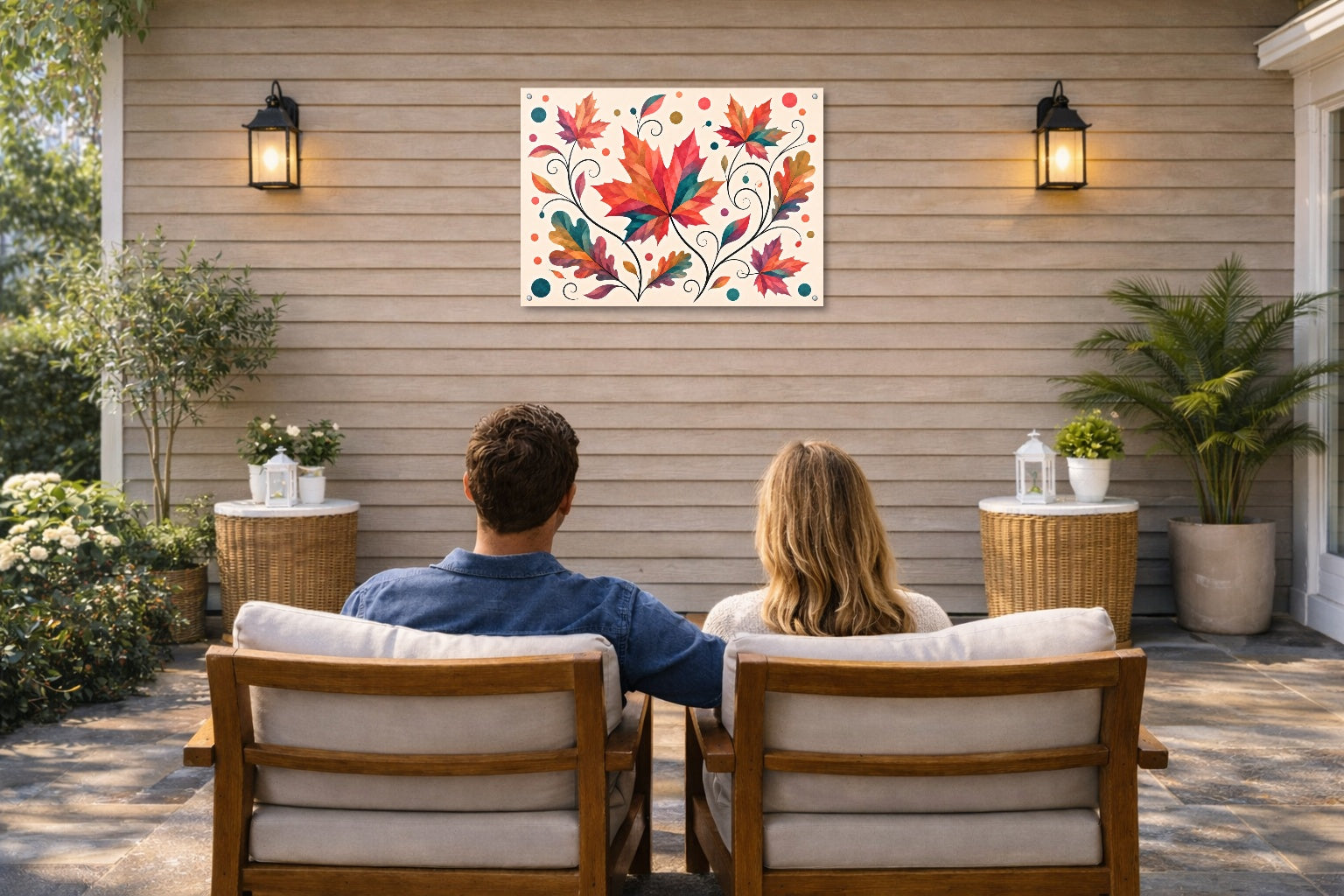 Autumn Leaves - Geometric Painting printed on water resistant canvas and mounted on a waterproof frame. Hung on a patio wall with couple.