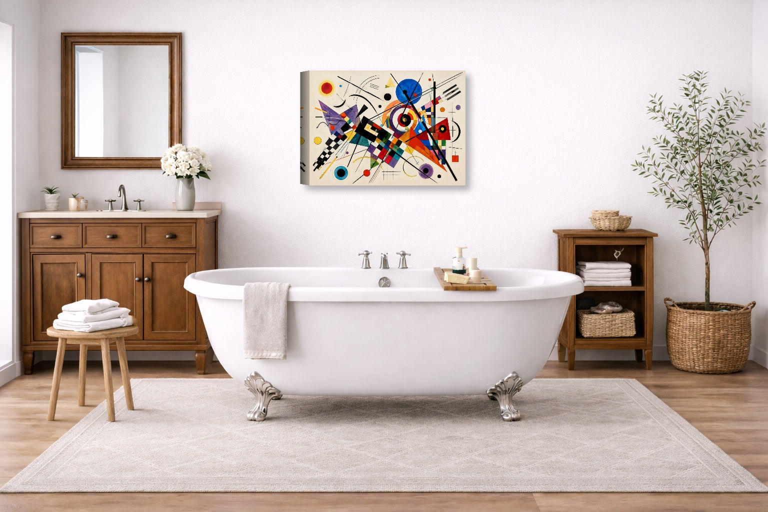Geometric Abstract Painting printed on canvas wall art displayed on a bathroom wall .