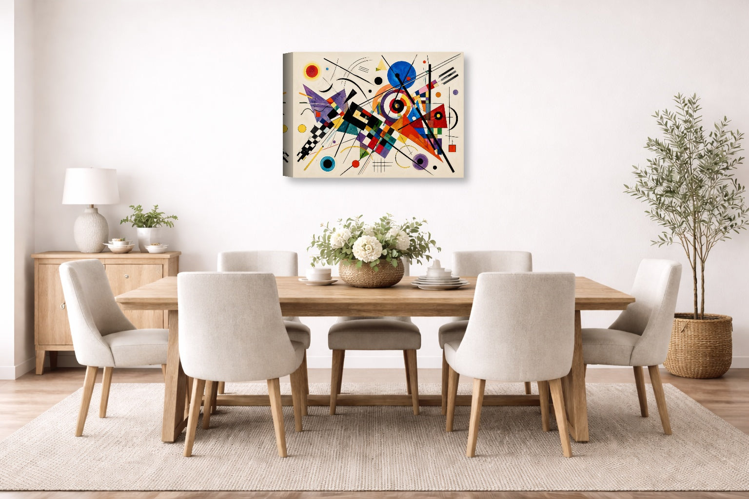 Geometric Abstract Painting printed on canvas wall art displayed on a wall in the dinning room