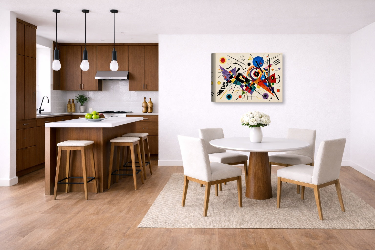 Geometric Abstract Painting printed on canvas wall art displayed on a wall in a dinette.