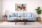 Geometric Abstract Painting printed on canvas wall art displayed above a couch in a living room