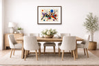Geometric Abstract Painting printed on fine art paper, framed on a espresso frame and matted. Hung on a dinning room wall