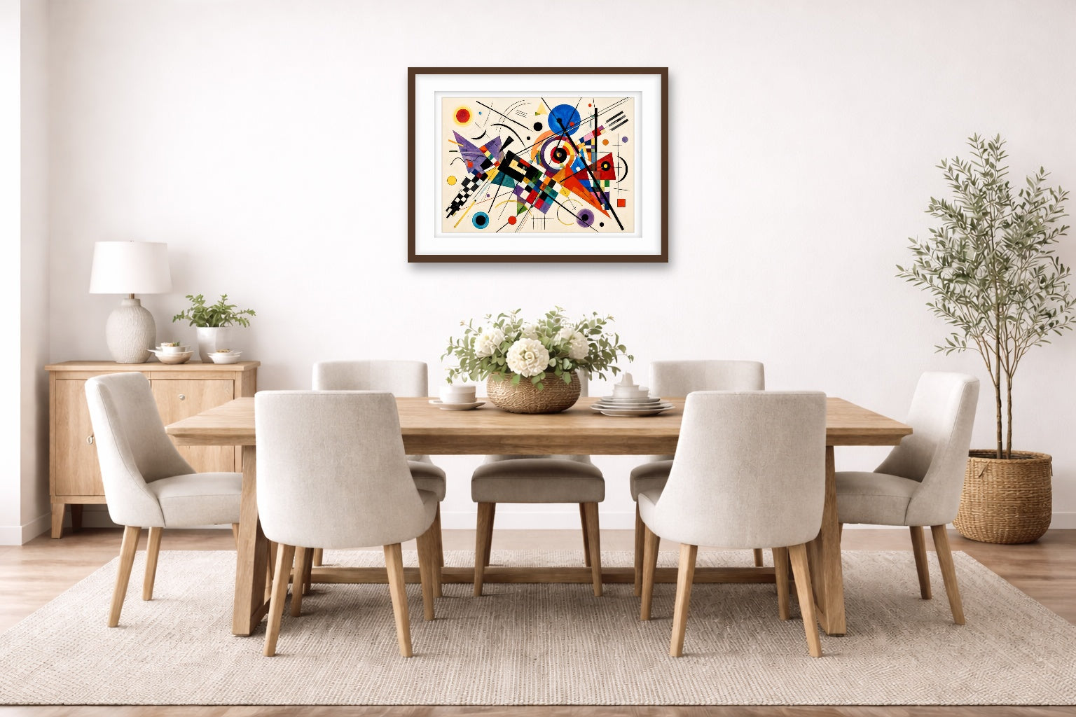 Geometric Abstract Painting printed on fine art paper, framed on a espresso frame and matted. Hung on a dinning room wall