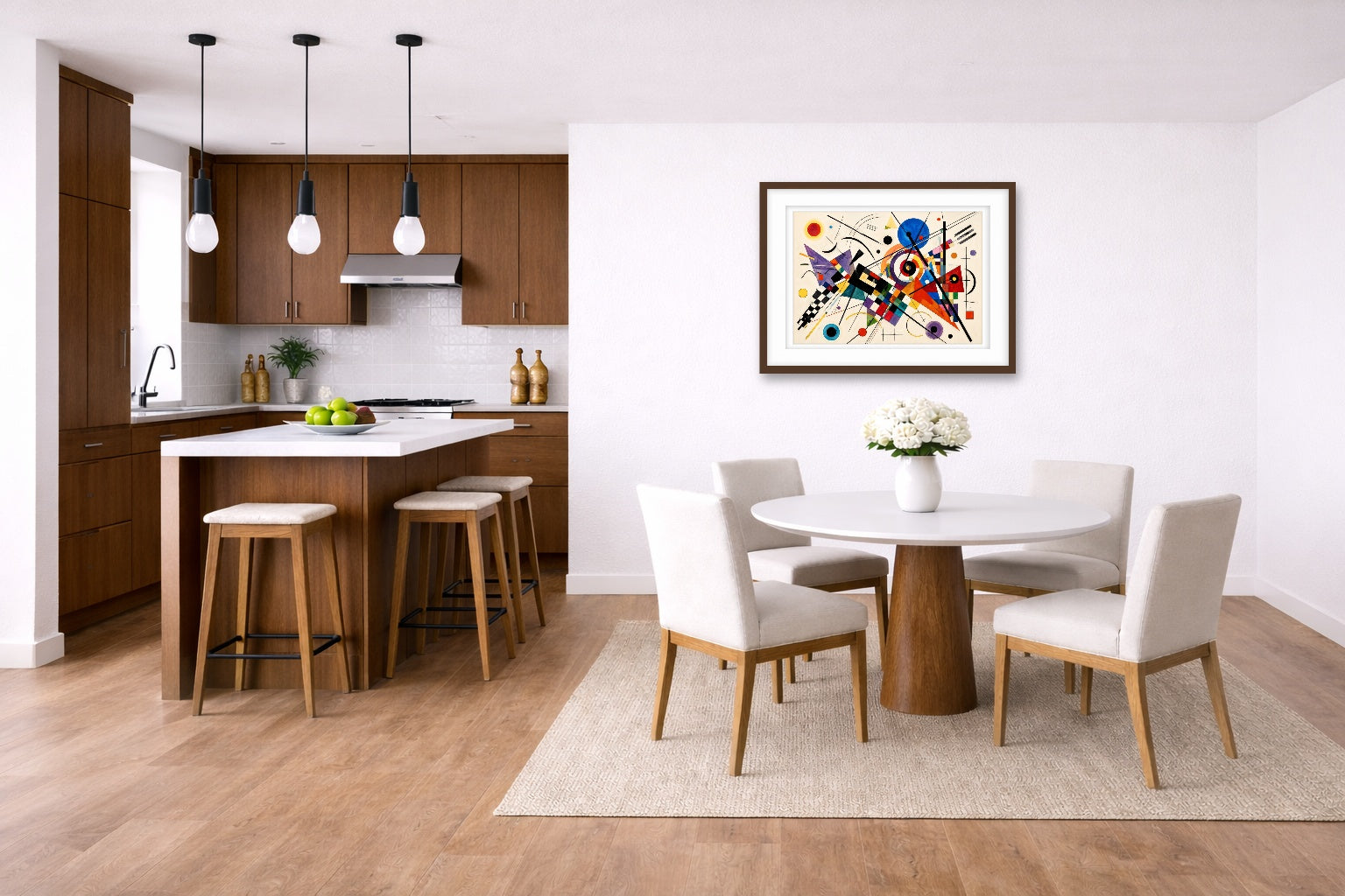 Geometric Abstract Painting printed on fine art paper, framed on a espresso frame and matted. Hung on a living kitchen-dinette wall.