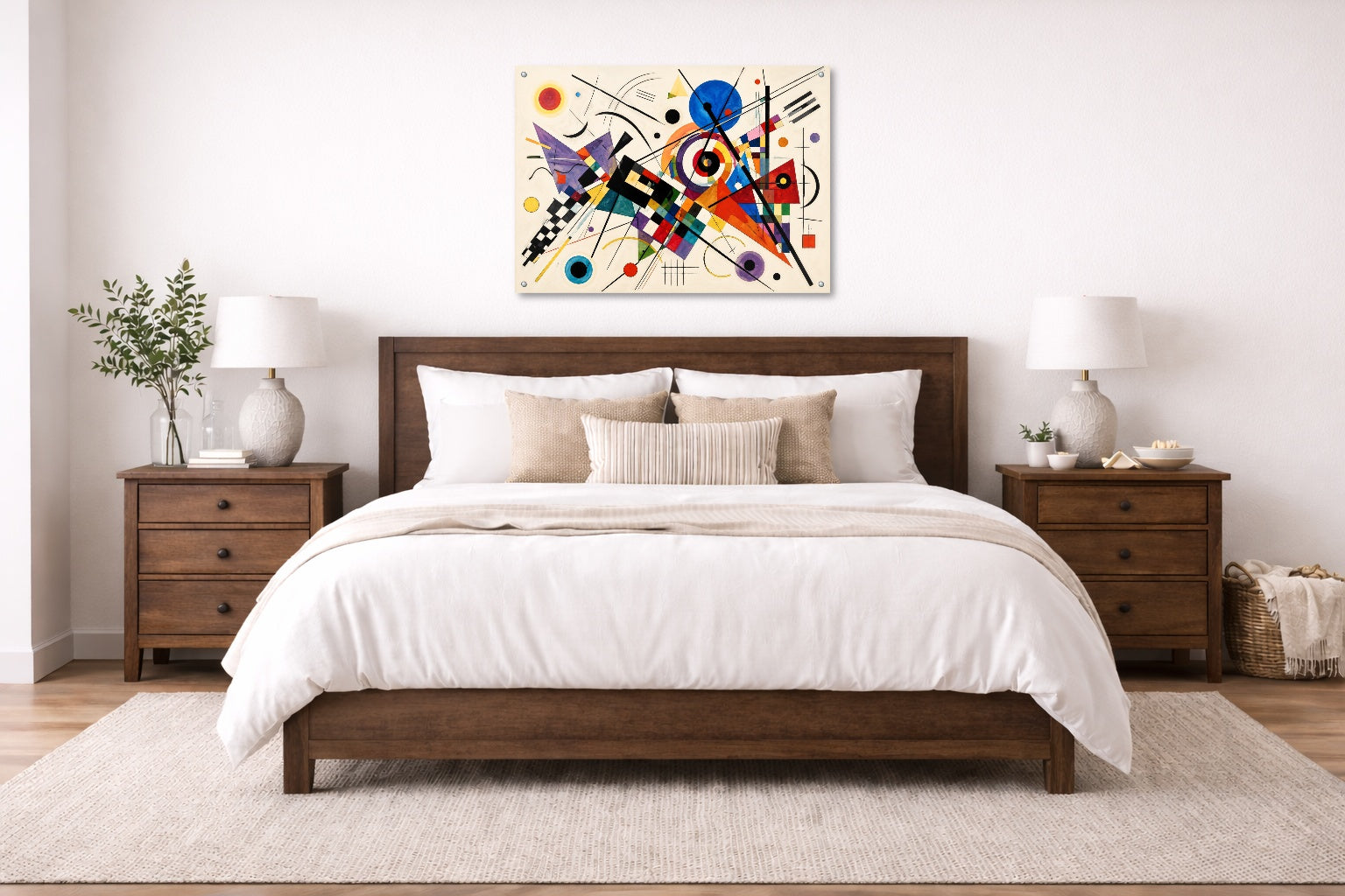 Geometric Abstract Painting printed on aluminum metal with wall anchors. Hung on a bedroom wall.
