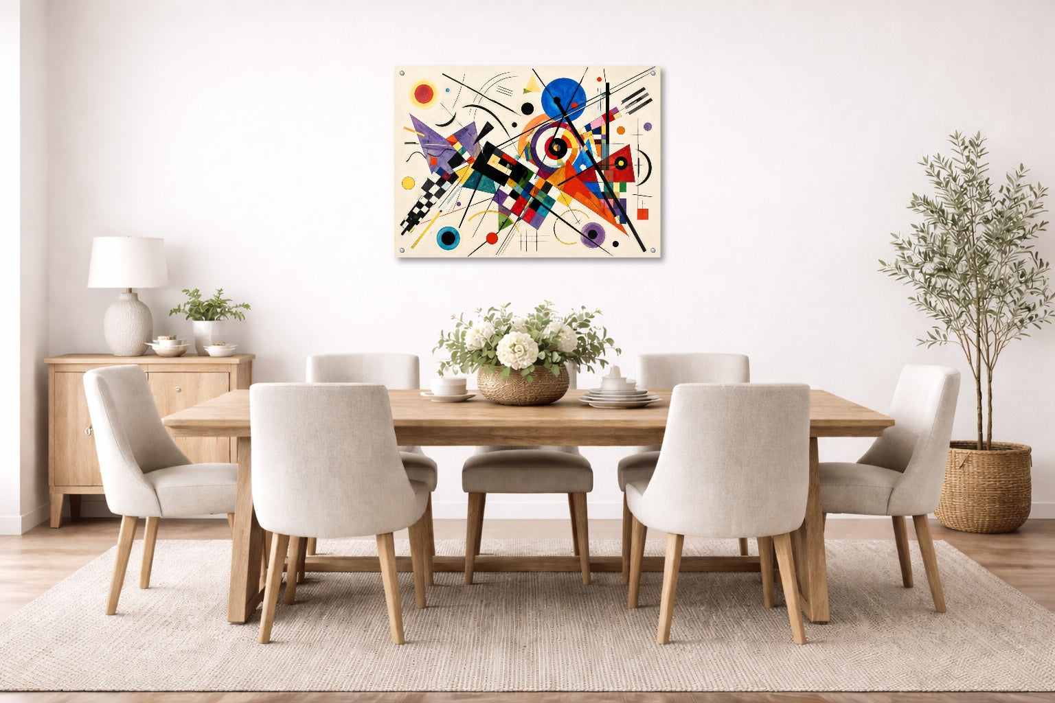 Geometric Abstract Painting printed on aluminum metal with wall anchors. Hung on a dining room wall.