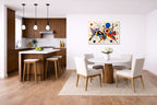Geometric Abstract Painting printed on aluminum metal with wall anchors. Hung on a kitchen-dinette wall.