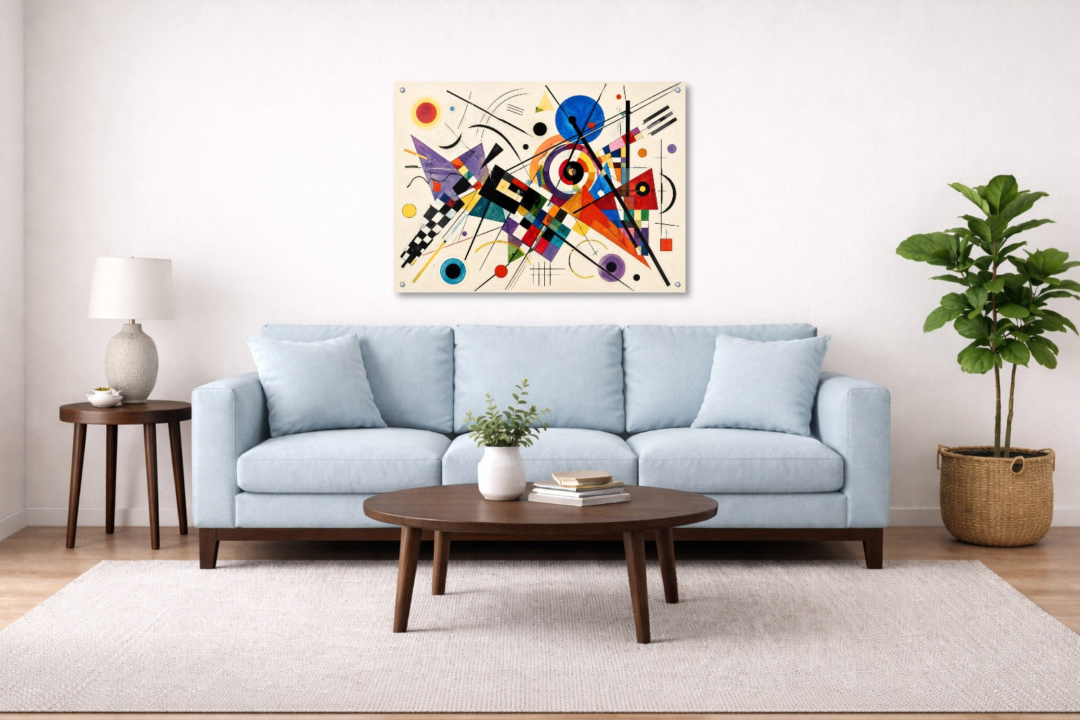 Geometric Abstract Painting printed on aluminum metal with wall anchors. Hung on a living room wall.