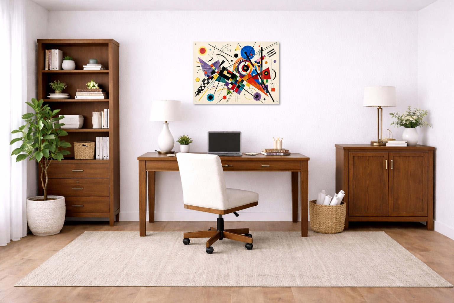 Geometric Abstract Painting printed on aluminum metal with wall anchors. Hung on a office wall.