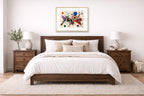 Geometric Abstract Painting printed on fine art paper, framed in a oak frame and matted. Hung on a bedroom wall.