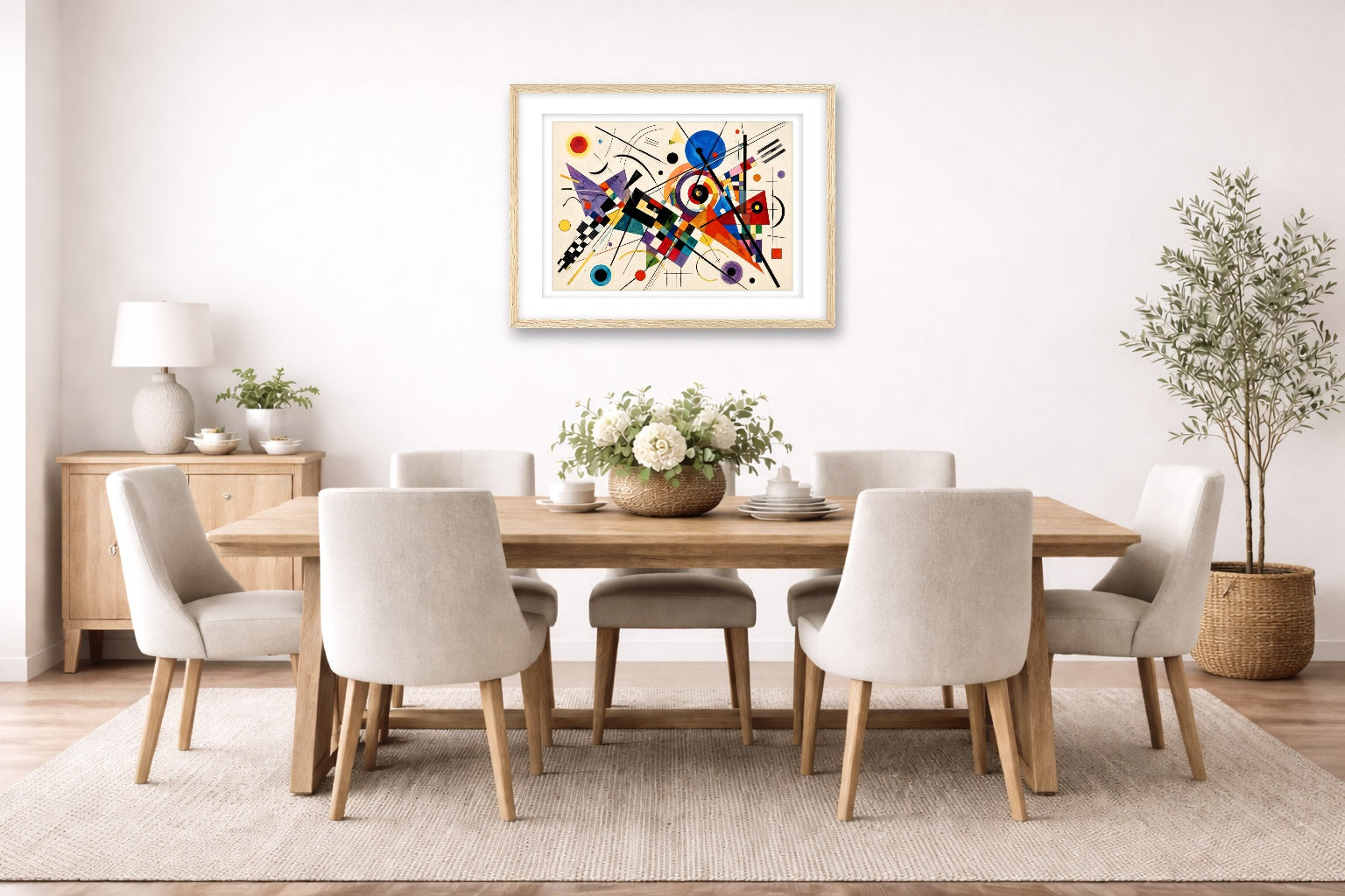 Geometric Abstract Painting printed on fine art paper, framed on a oak frame and matted. Hung on a dining room wall.