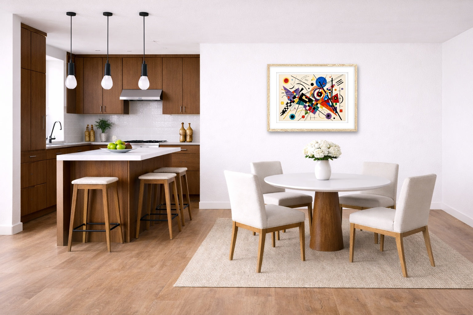 Geometric Abstract Painting printed on fine art paper, framed on a oak frame and matted. Hung on a kitchen-dinette wall.