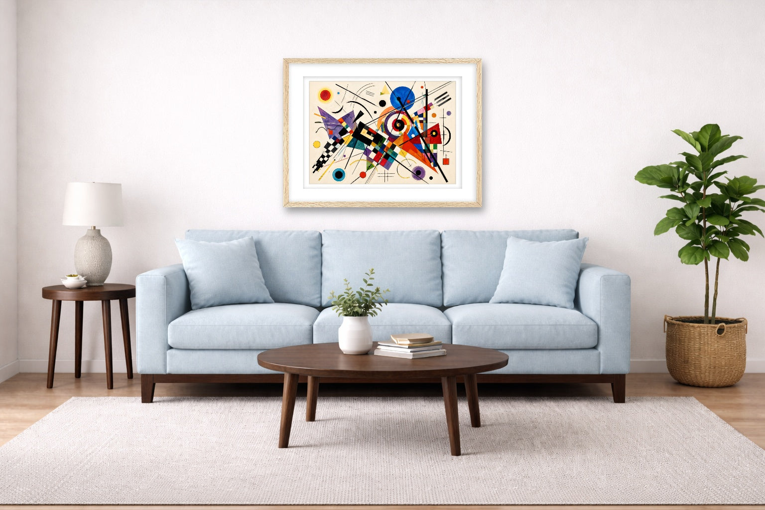 Geometric Abstract Painting printed on fine art paper, framed on a oak frame and matted. Hung on a living room wall.