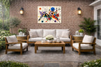 Geometric Abstract Painting printed on water resistant canvas and mounted on a waterproof frame. Hung on a patio wall.