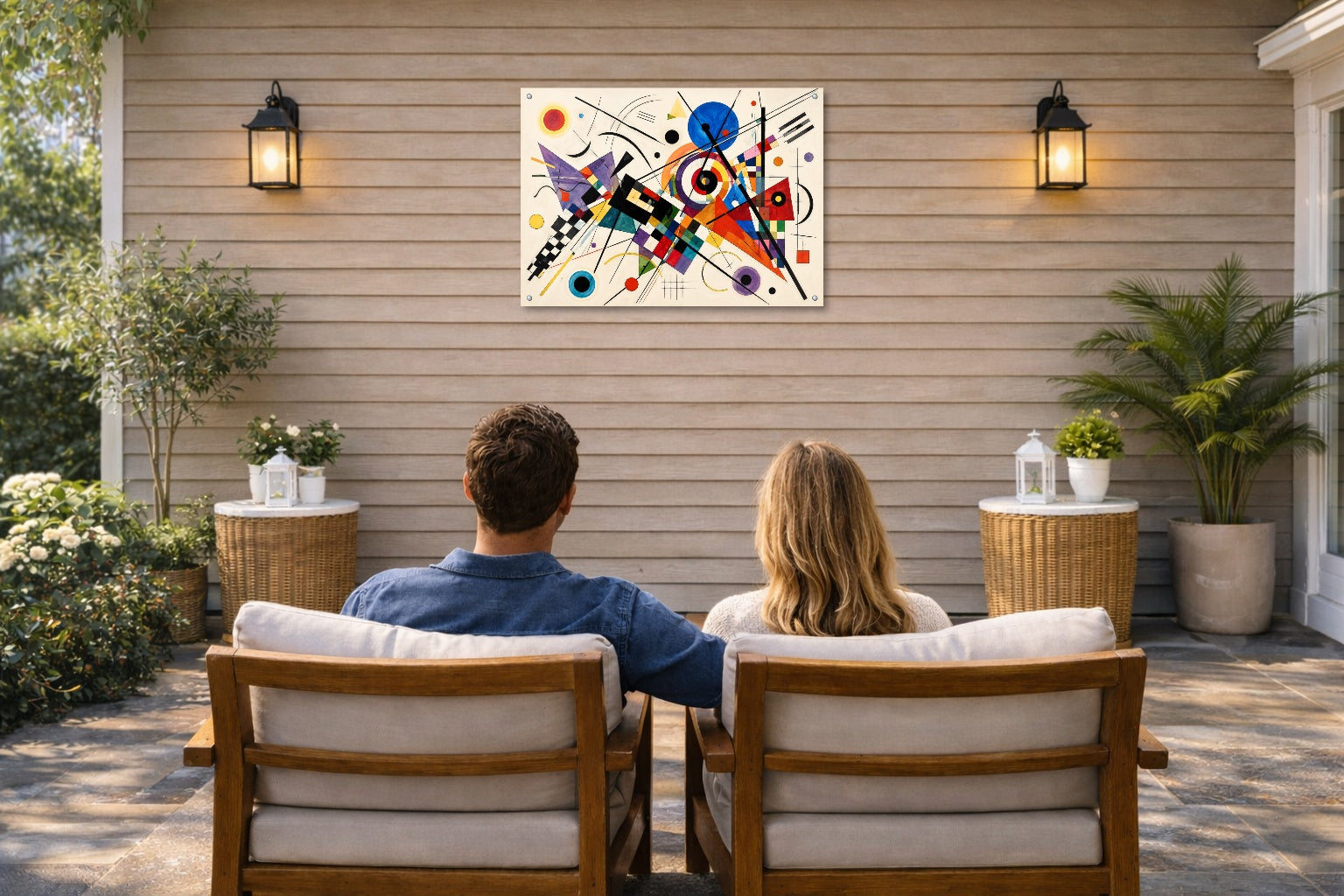 Geometric Abstract Painting printed on water resistant canvas and mounted on a waterproof frame. Hung on a patio wall with couple.