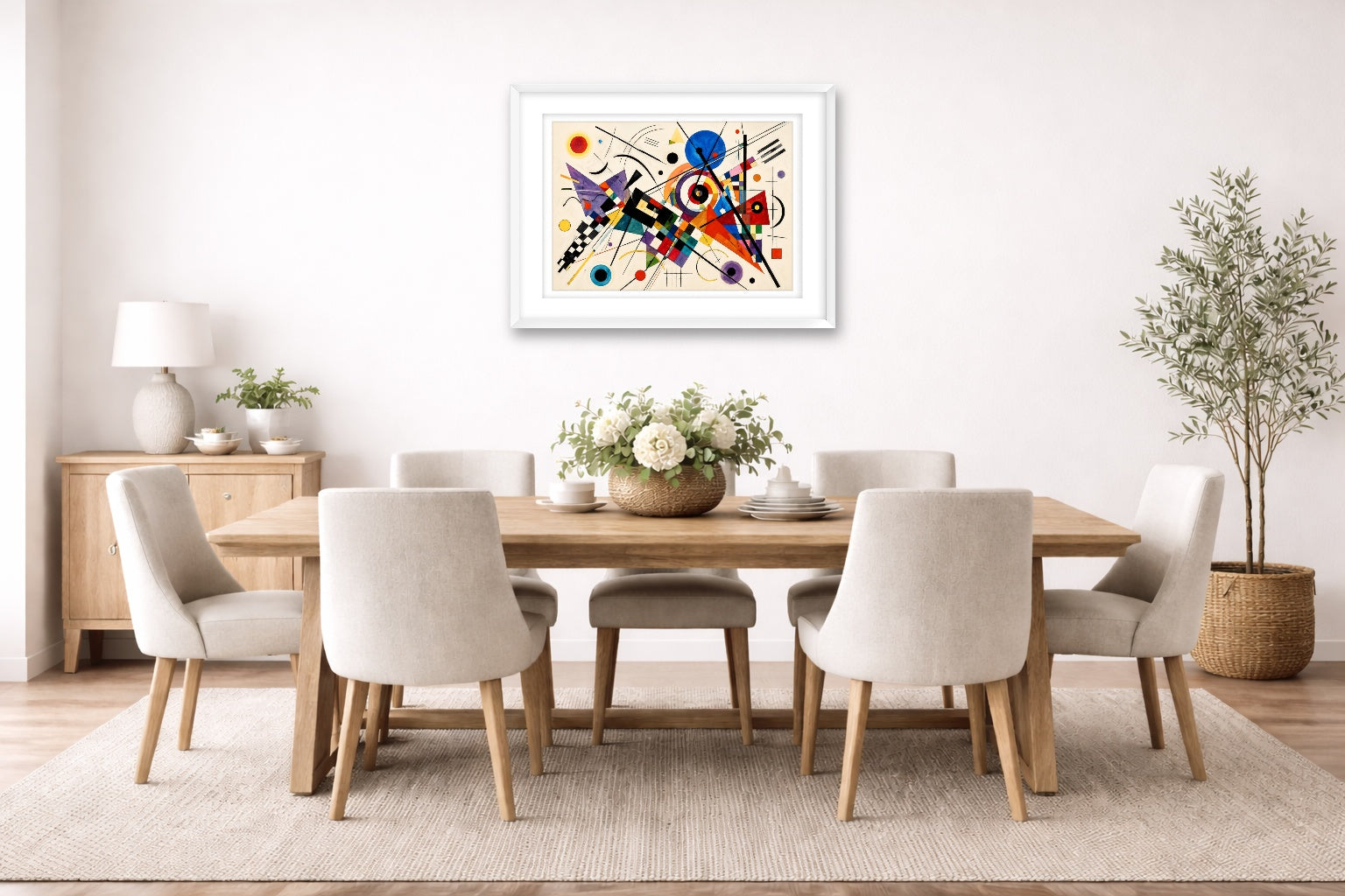 Geometric Abstract Painting printed on fine art paper, framed on a white frame and matted. Hung on a dining room wall.