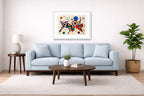 Geometric Abstract Painting printed on fine art paper, framed on a white frame and matted. Hung on a living room wall.