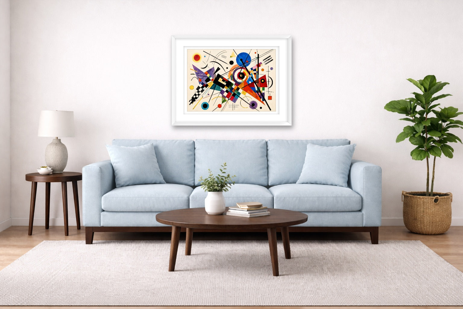 Geometric Abstract Painting printed on fine art paper, framed on a white frame and matted. Hung on a living room wall.