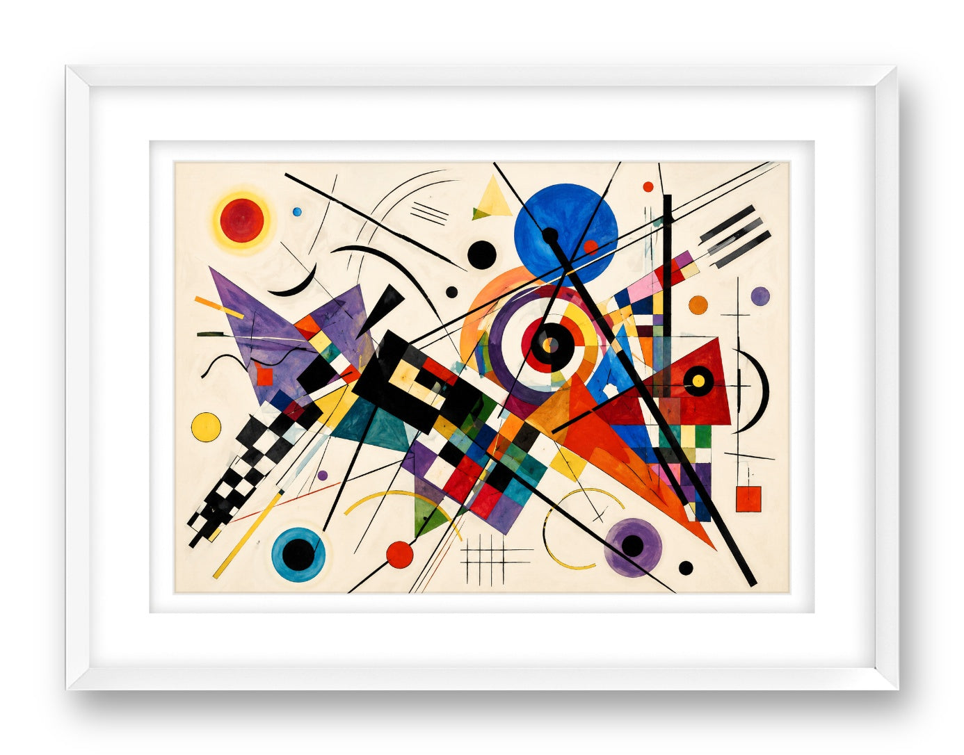 Geometric Abstract Painting printed on fine art paper, framed on a white frame and matted.