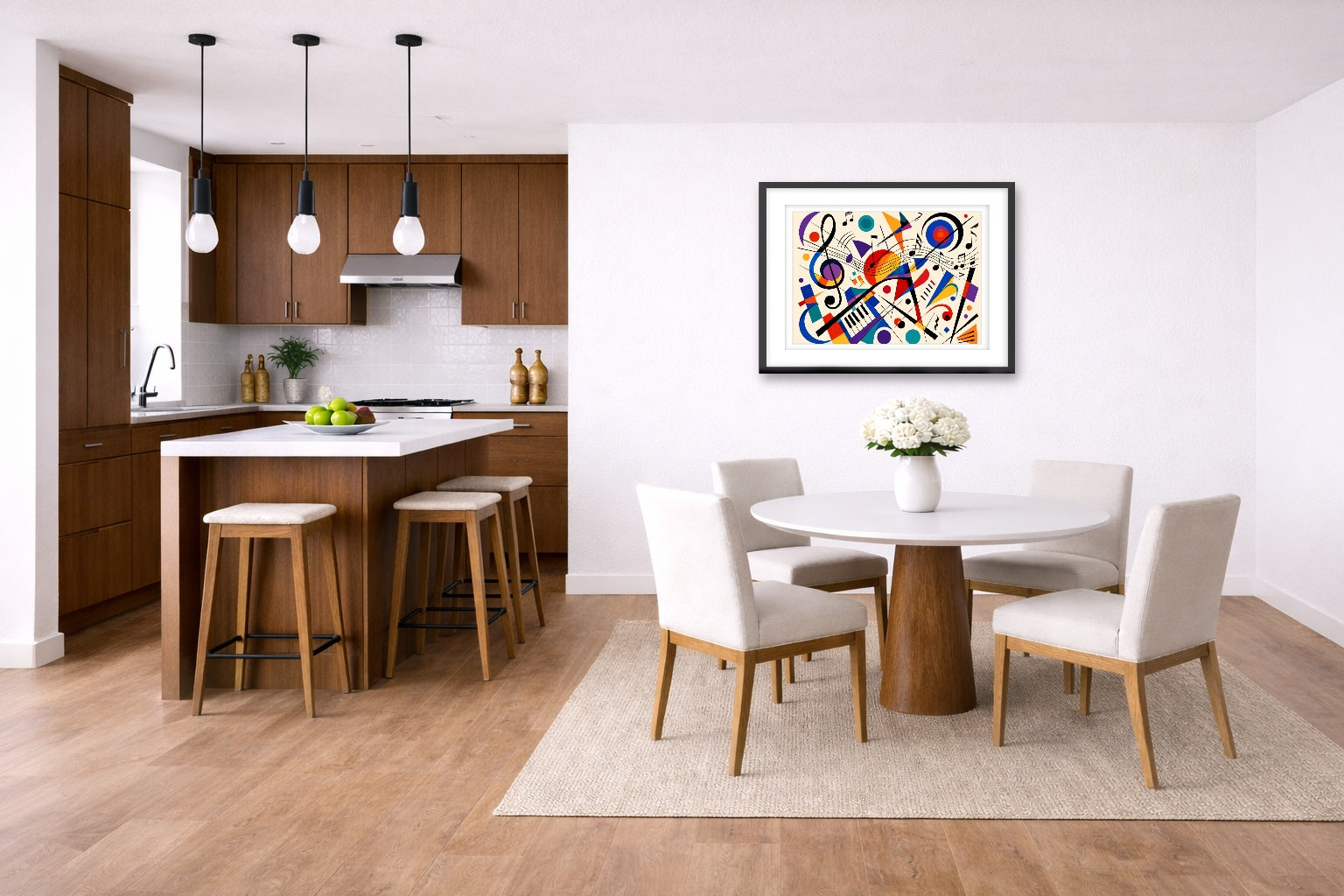 Geometric Abstract Musical Painting printed on fine art paper, framed on a black frame and matted and hung on a wall on a dinette wall.