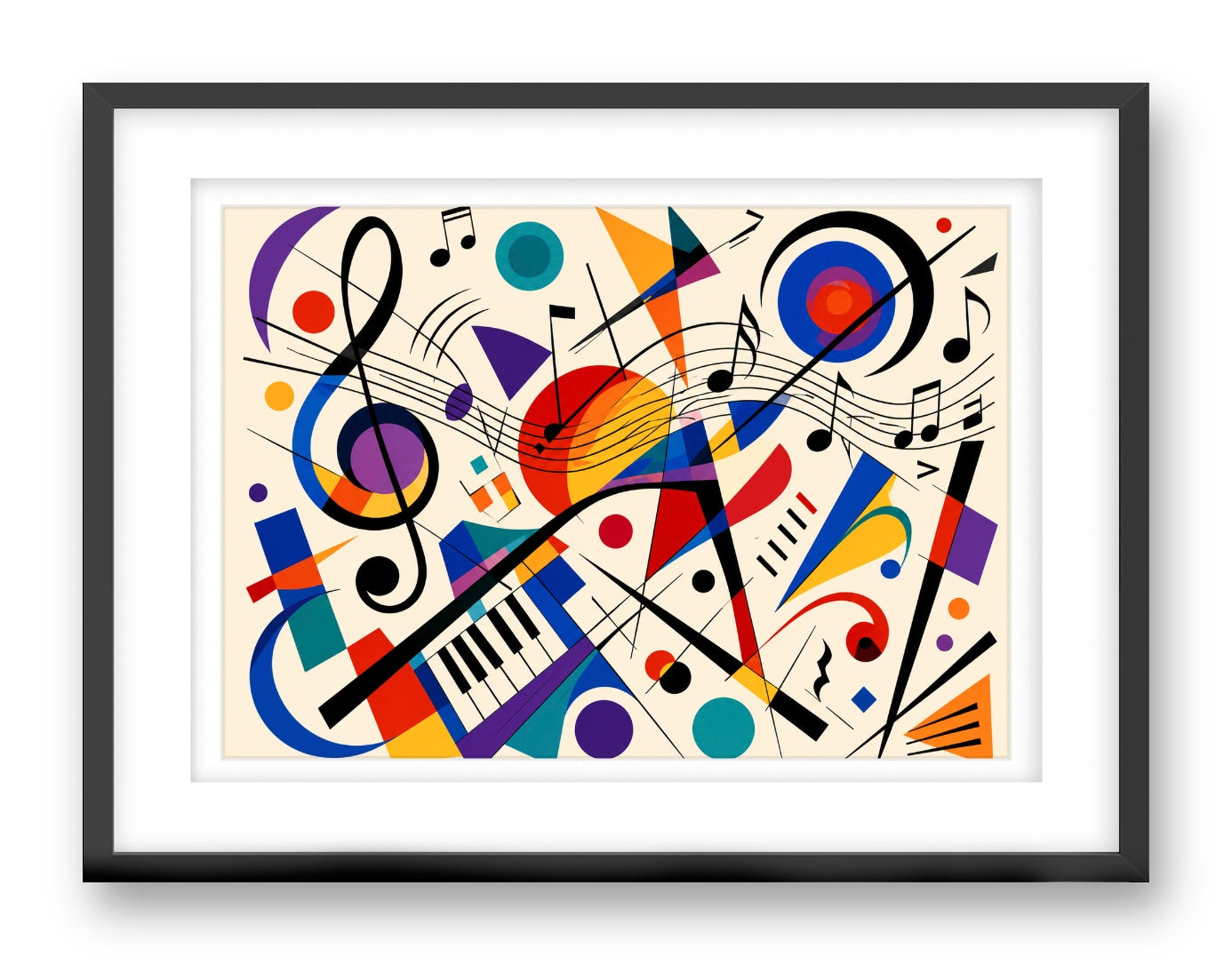 Geometric Abstract Musical Painting printed on fine art paper, framed on a black frame and matted.