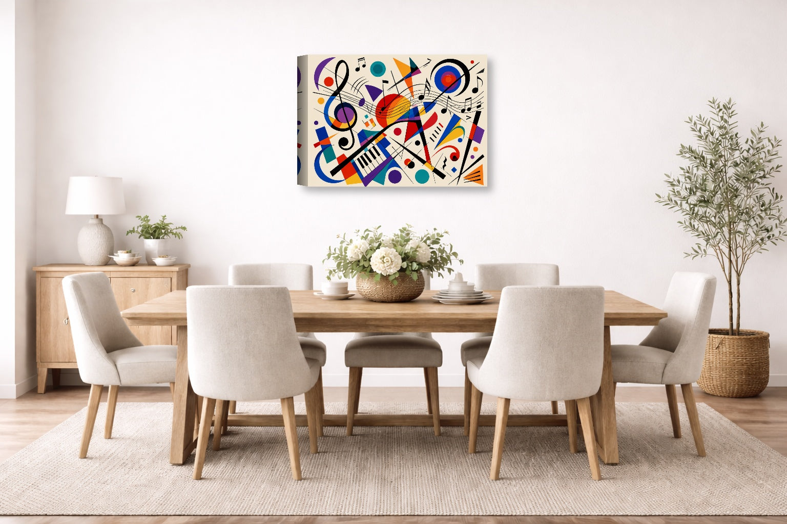 Geometric Abstract Musical Painting printed on canvas wall art displayed on a wall in the dinning room