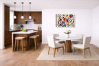 Geometric Abstract Musical Painting printed on canvas wall art displayed on a wall in a dinette.