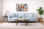 Geometric Abstract Musical Painting printed on canvas wall art displayed above a couch in a living room