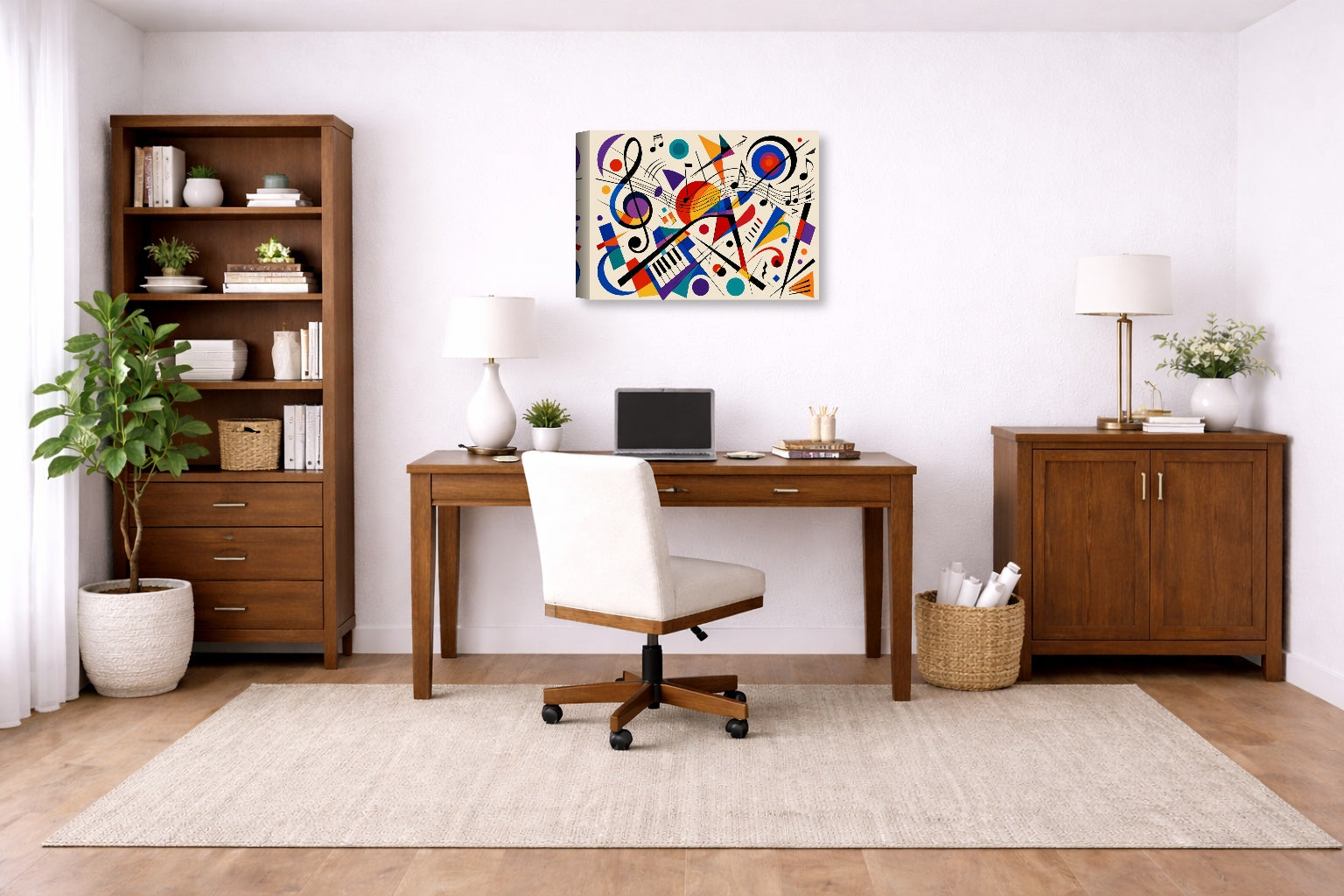 Geometric Abstract Musical Painting printed on canvas wall art displayed on a wall in a a home office.