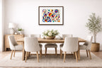 Geometric Abstract Musical Painting printed on fine art paper, framed on a espresso frame and matted. Hung on a dinning room wall
