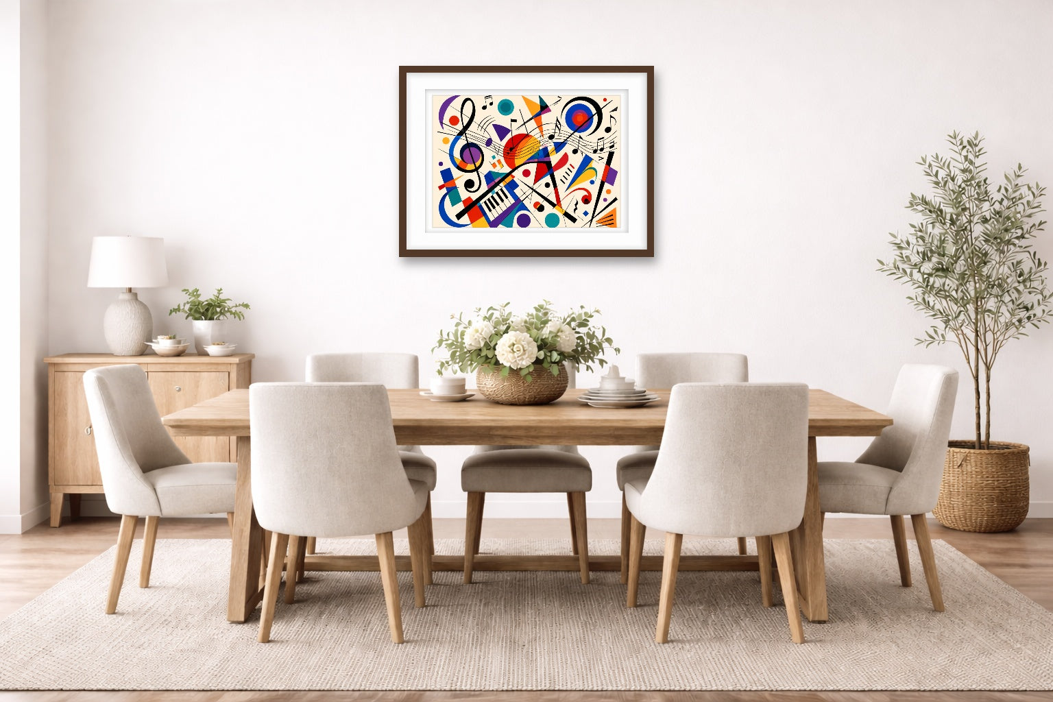 Geometric Abstract Musical Painting printed on fine art paper, framed on a espresso frame and matted. Hung on a dinning room wall