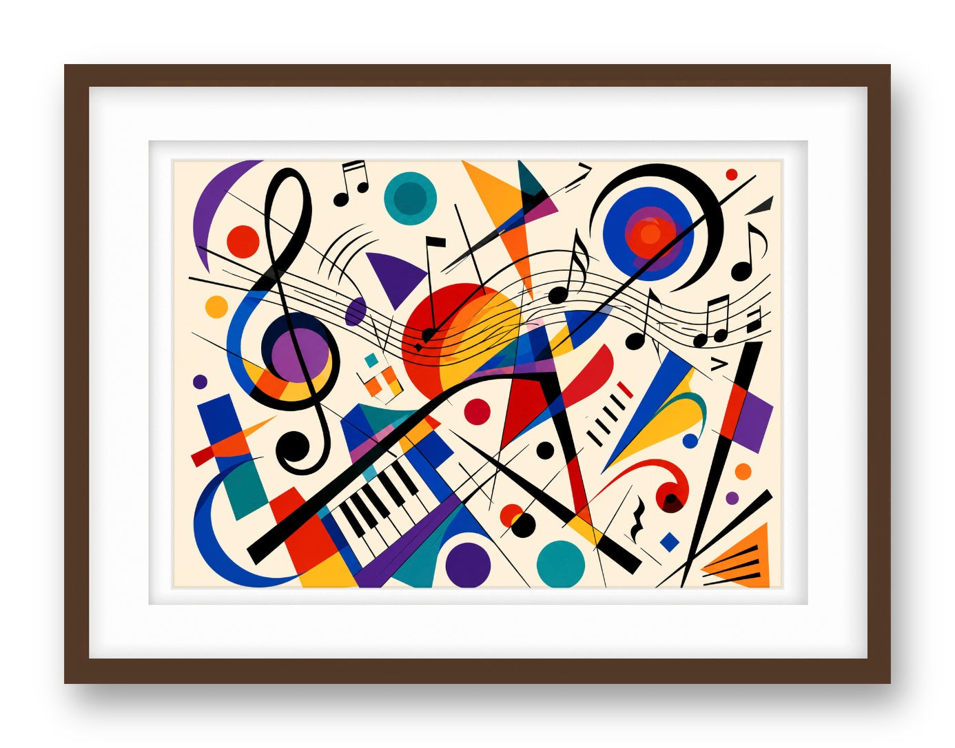 Geometric Abstract Musical Painting printed on fine art paper, framed on a espresso frame and matted.