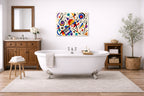 Geometric Abstract Musical Painting printed on aluminum metal with wall anchors. Hung on a bathroom wall.