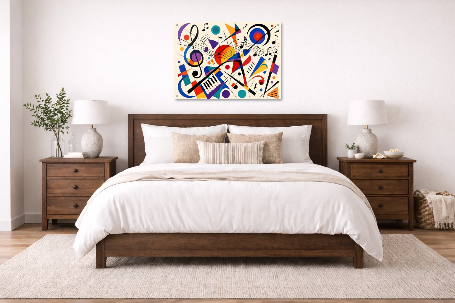 Geometric Abstract Musical Painting printed on aluminum metal with wall anchors. Hung on a bedroom wall.