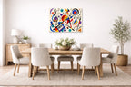 Geometric Abstract Musical Painting printed on aluminum metal with wall anchors. Hung on a dining room wall.