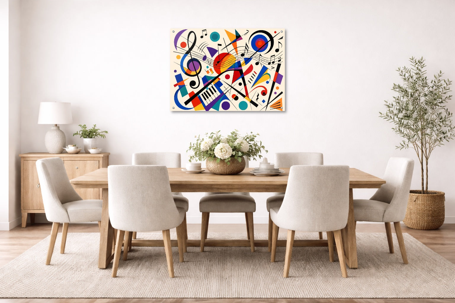 Geometric Abstract Musical Painting printed on aluminum metal with wall anchors. Hung on a dining room wall.