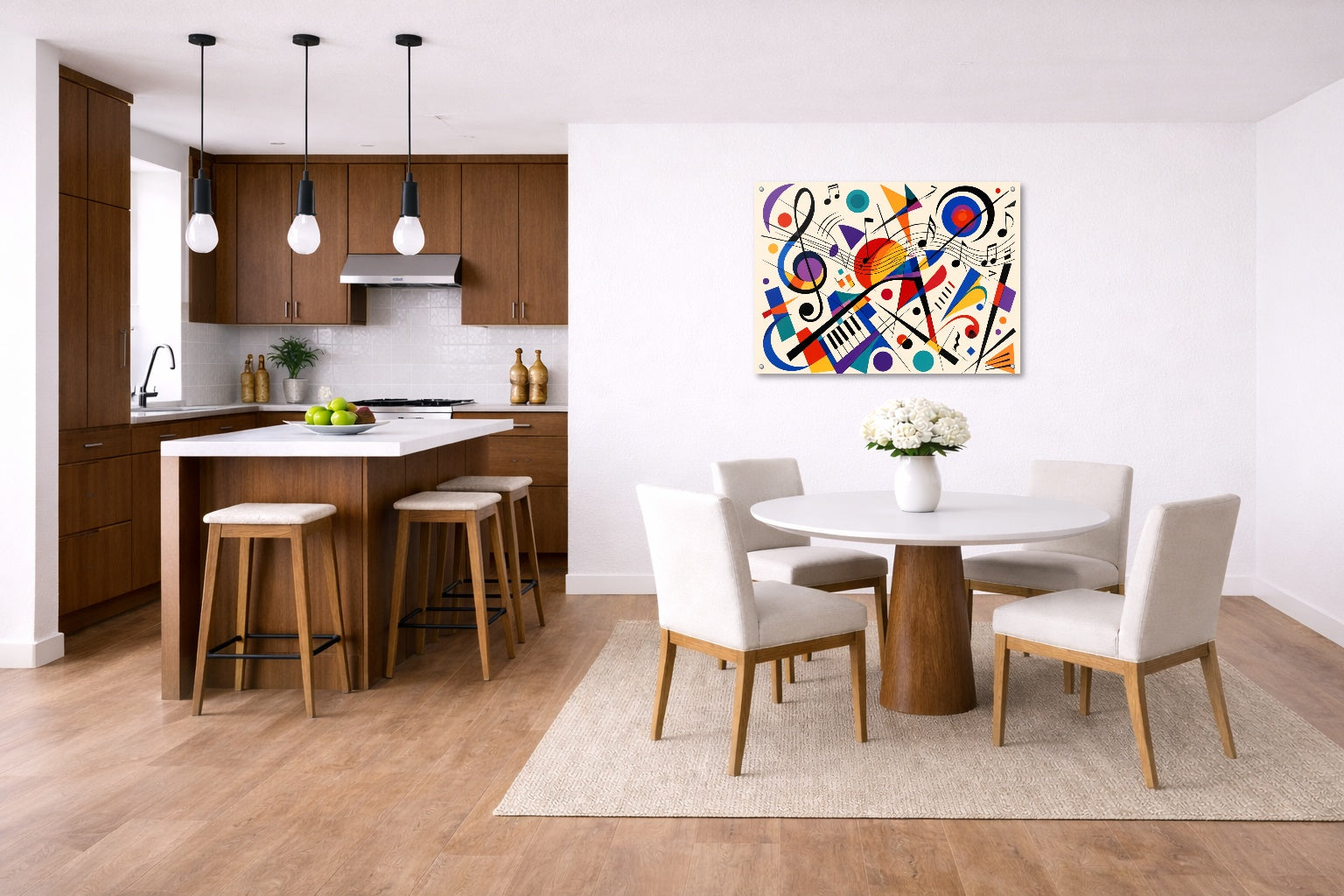 Geometric Abstract Musical Painting printed on aluminum metal with wall anchors. Hung on a kitchen-dinette wall.