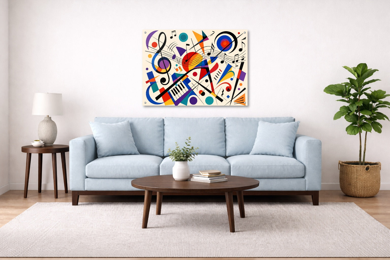 Geometric Abstract Musical Painting printed on aluminum metal with wall anchors. Hung on a living room wall.
