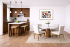 Geometric Abstract Musical Painting printed on fine art paper, framed on a oak frame and matted. Hung on a kitchen-dinette wall.