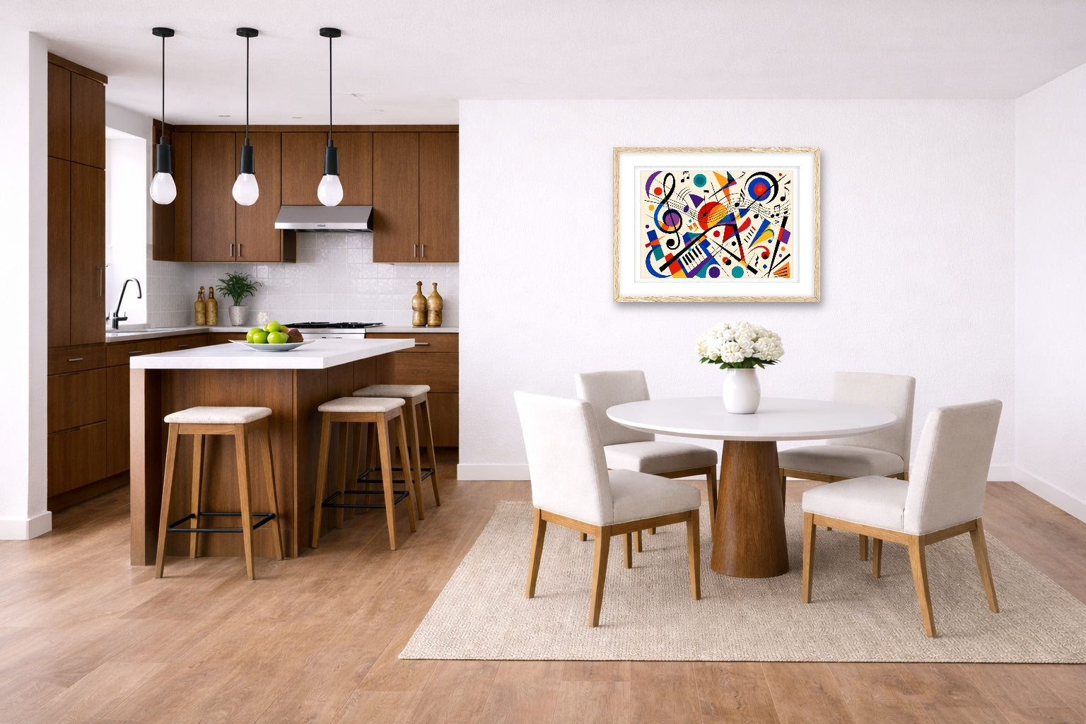Geometric Abstract Musical Painting printed on fine art paper, framed on a oak frame and matted. Hung on a kitchen-dinette wall.