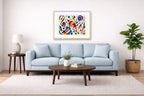 Geometric Abstract Musical Painting printed on fine art paper, framed on a oak frame and matted. Hung on a living room wall.
