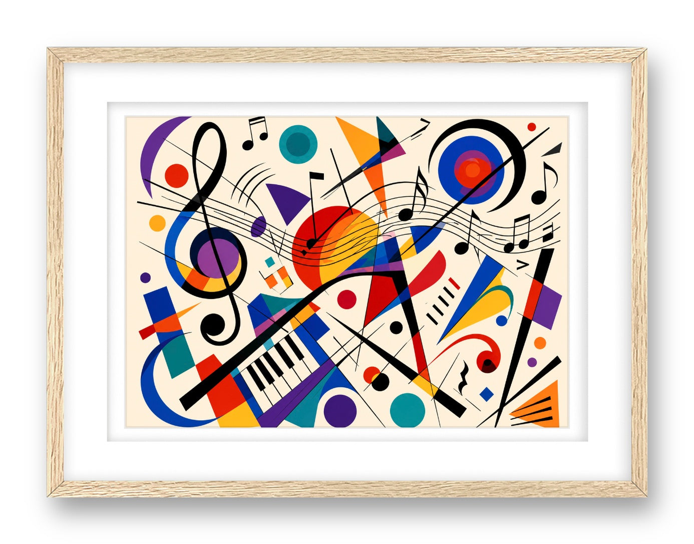 Geometric Abstract Musical Painting printed on fine art paper, framed on a oak frame and matted.