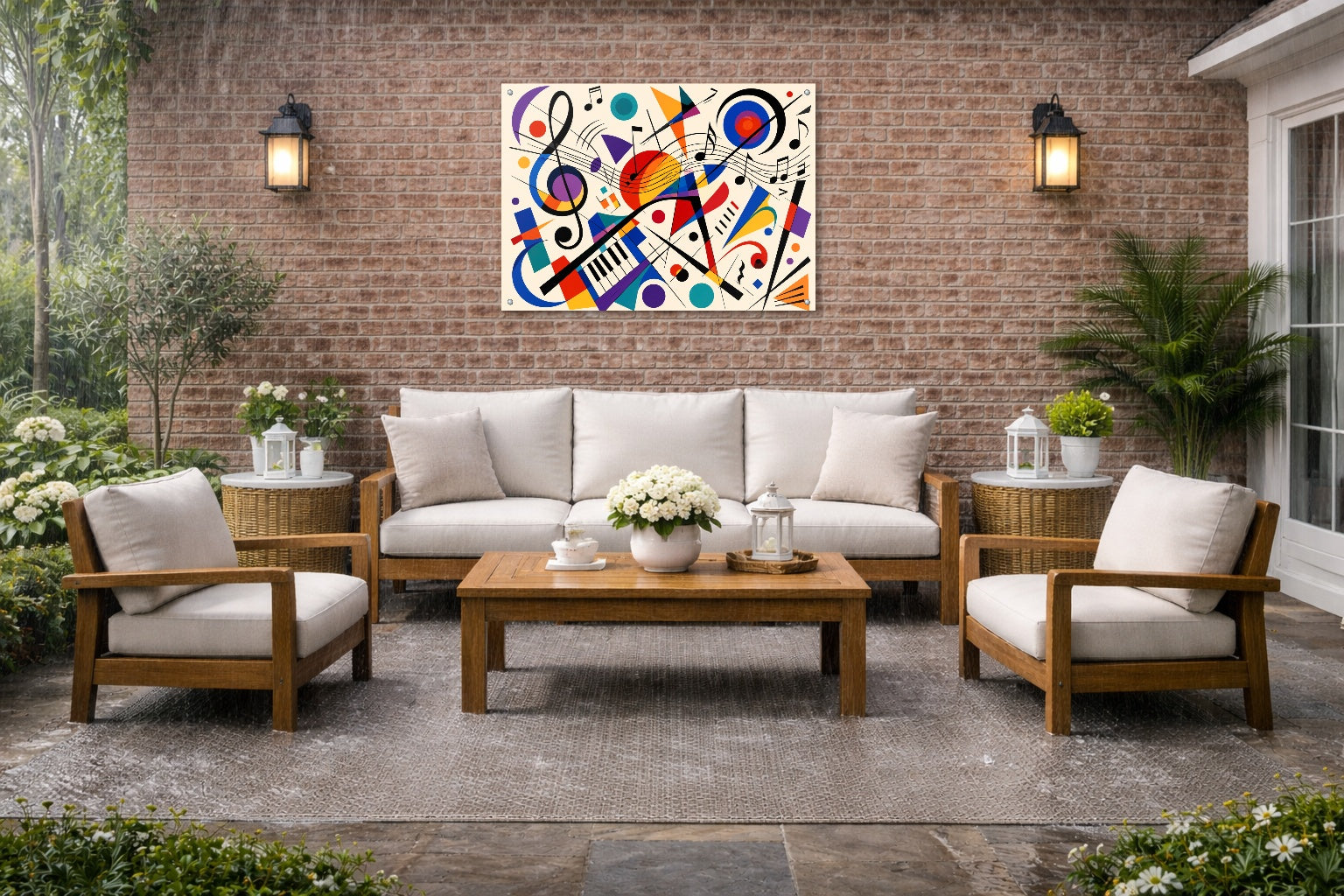 Geometric Abstract Musical Painting printed on water resistant canvas and mounted on a waterproof frame. Hung on a patio wall.