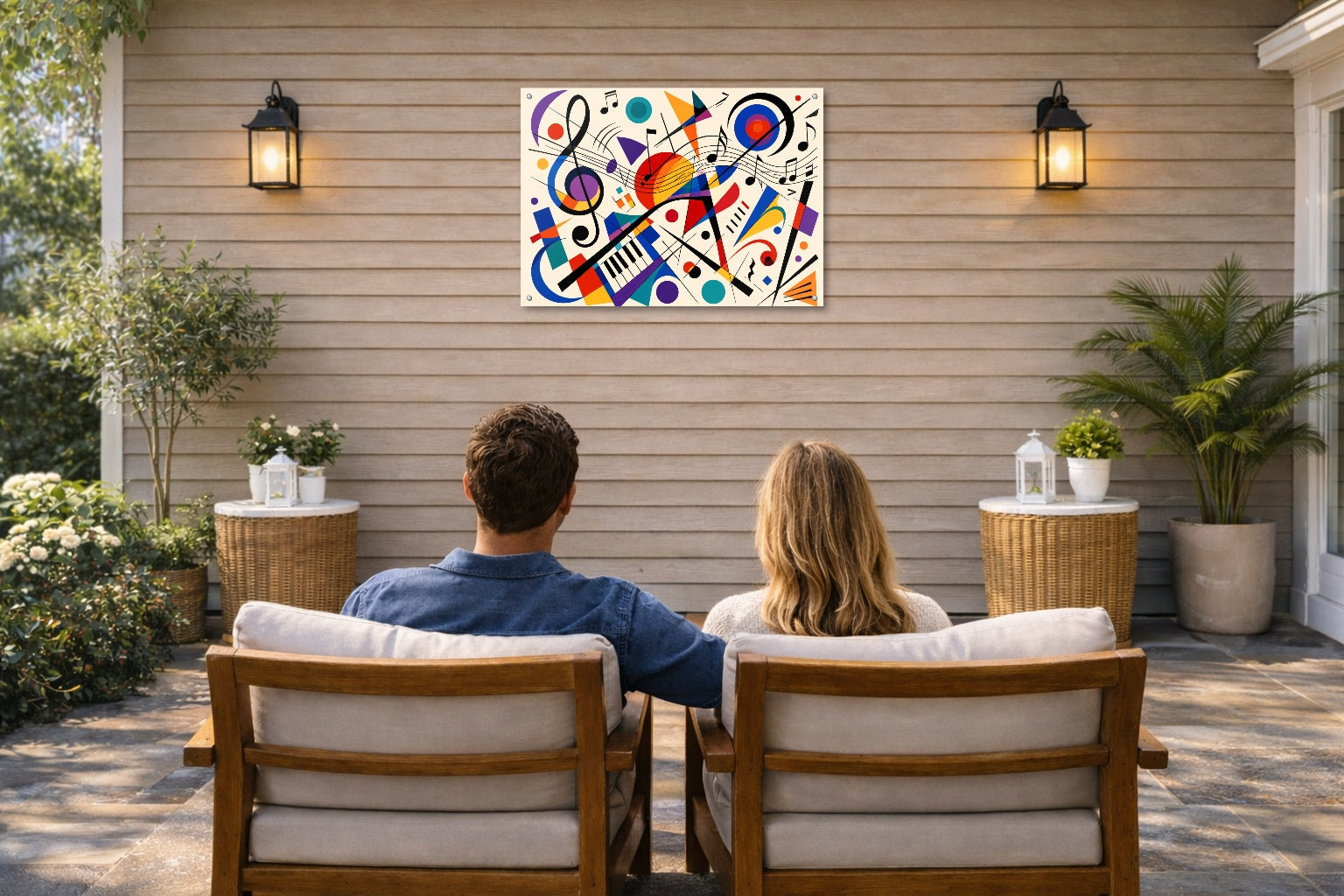 Geometric Abstract Musical Painting printed on water resistant canvas and mounted on a waterproof frame. Hung on a patio wall with couple.
