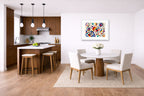 Geometric Abstract Musical Painting printed on fine art paper, framed on a white frame and matted. Hung on a kitchen-dinette wall.