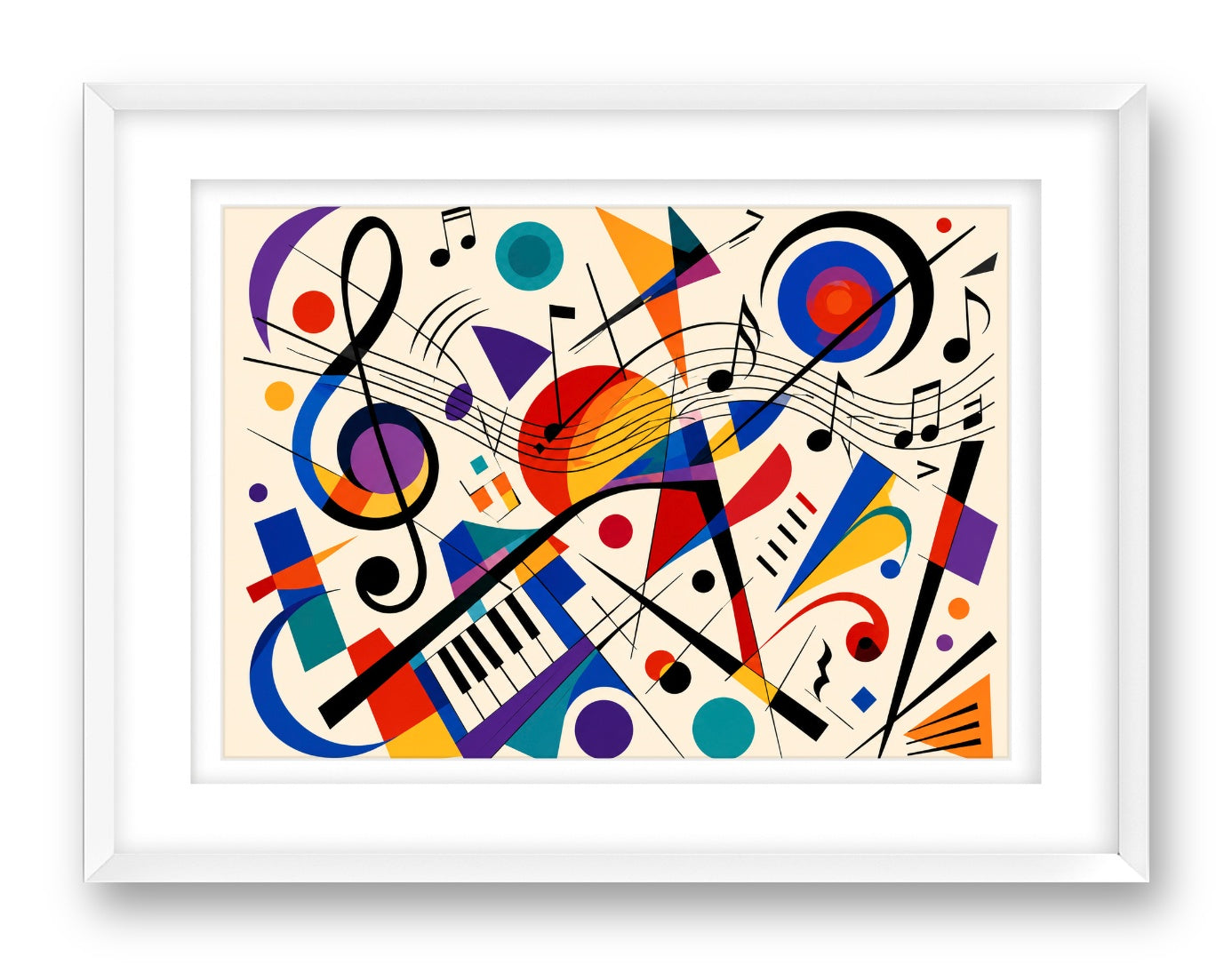 Geometric Abstract Musical Painting printed on fine art paper, framed on a white frame and matted.