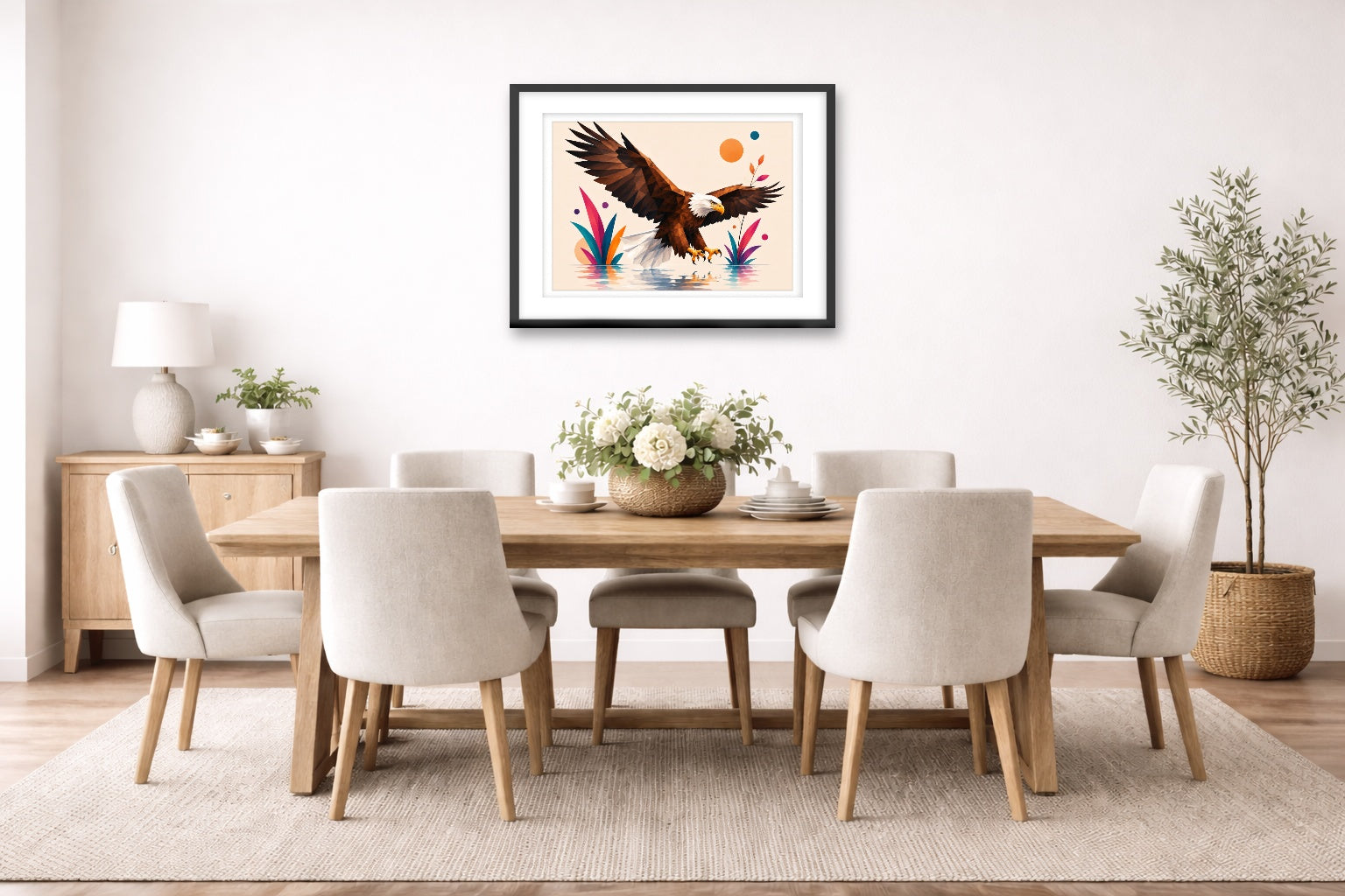 Geometric Painting of an Eagle Landing printed on fine art paper, framed on a black frame and matted and hung on a dining room wall.